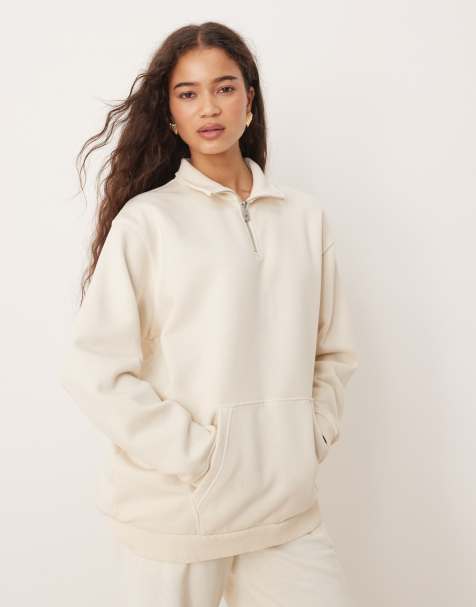 Brave Soul Quarter zip funnel neck sweatshirt in cream - view 1