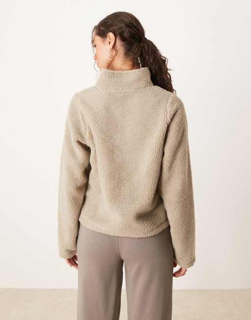 Brave Soul Quarter zip sherpa fleece in taupe, 3 of 4