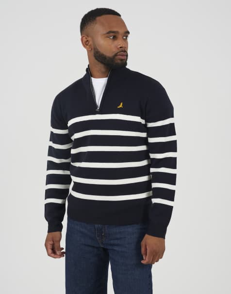 Brave Soul Quarter zip stripe knitted jumper in navy - view 1