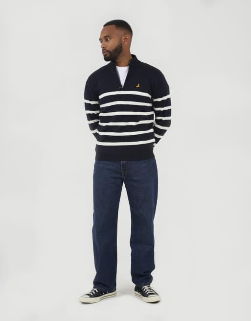 Brave Soul Quarter zip stripe knitted jumper in navy, 3 of 4