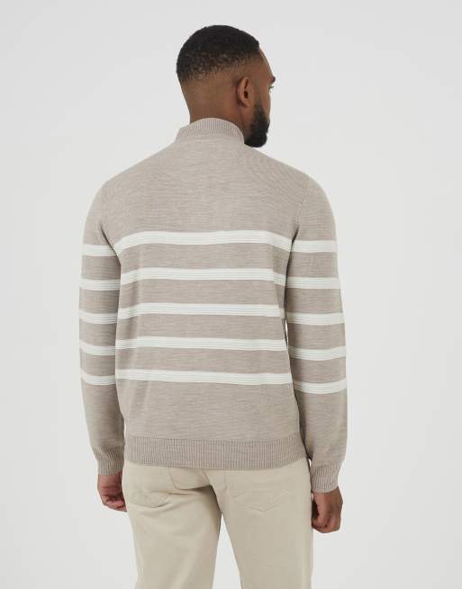 Brave Soul Quarter zip stripe knitted jumper in taupe, 2 of 4