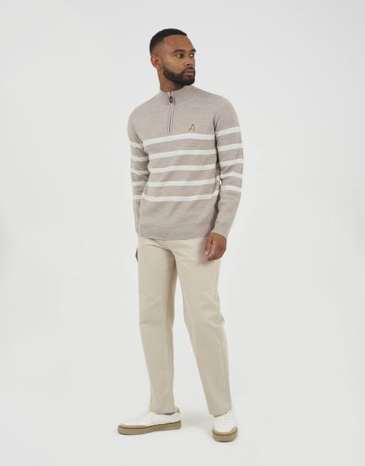 Brave Soul Quarter zip stripe knitted jumper in taupe, 3 of 4