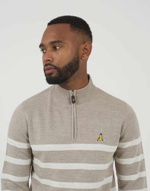 Brave Soul Quarter zip stripe knitted jumper in taupe, 4 of 4