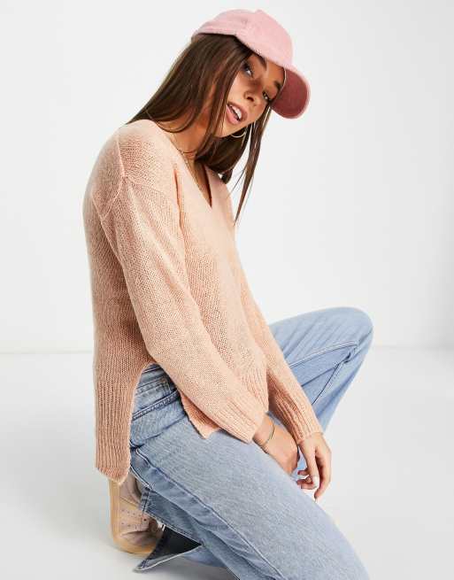Brave Soul quartz v neck jumper with stepped hem in peach