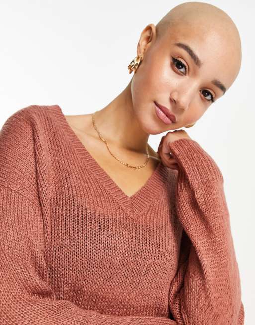 Brave Soul quartz v-neck jumper with stepped hem in rose, 3 of 4