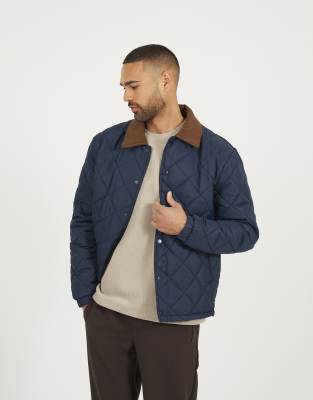 Brave Soul Quilted coach jacket with cord collar in navy