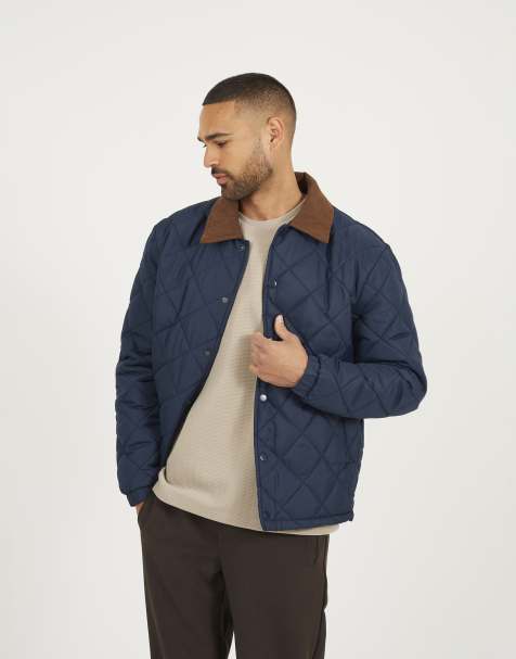 Brave Soul Quilted coach jacket with cord collar in navy - view 1