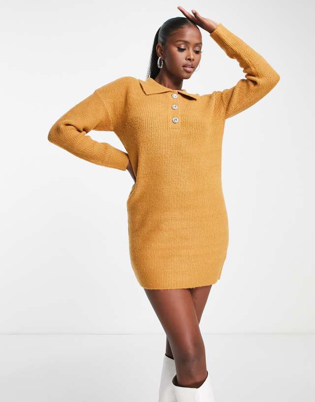 Brave Soul radu knitted polo sweater dress in camel