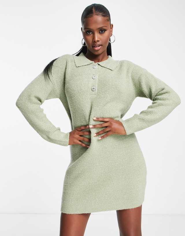 Brave Soul radu knitted polo sweater dress in sage green