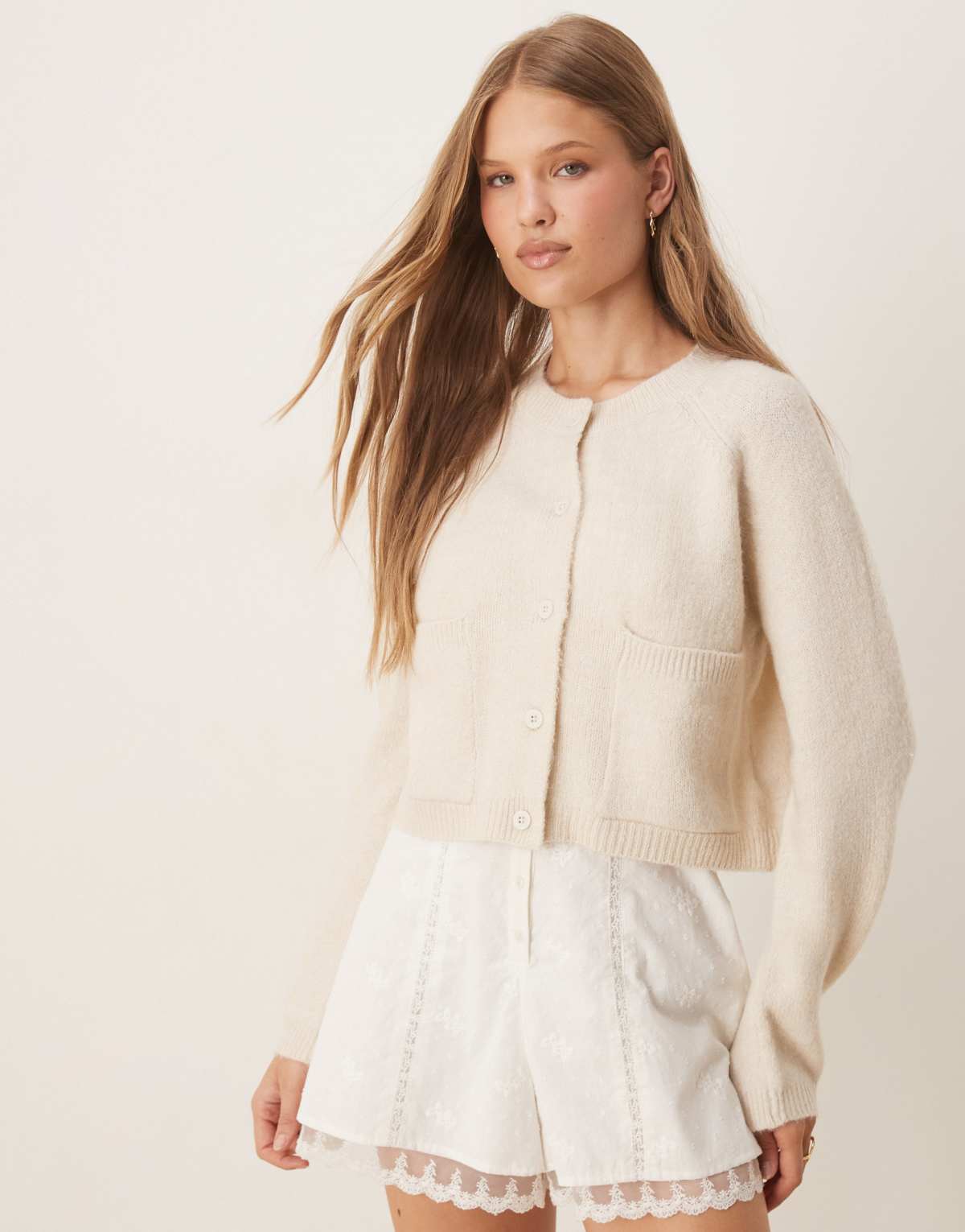 Brave Soul Raglan sleeve soft knit cardigan in stone