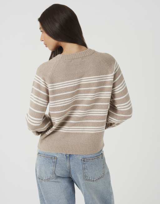 Brave Soul Raglan sleeve stripe jumper in beige, 2 of 4