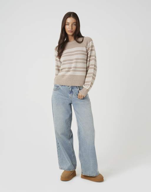 Brave Soul Raglan sleeve stripe jumper in beige, 3 of 4