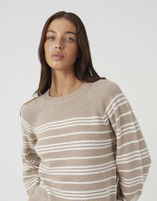 Brave Soul Raglan sleeve stripe jumper in beige, 4 of 4