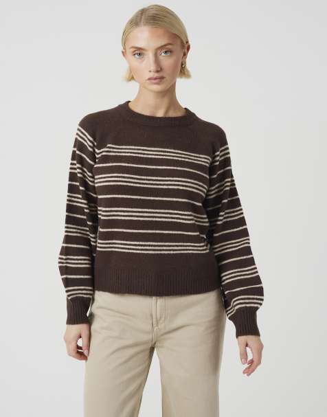 Brave Soul Raglan sleeve stripe jumper in brown - view 1
