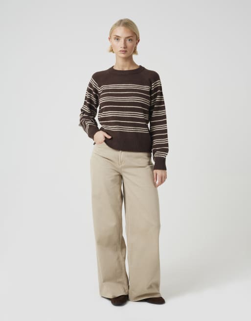 Brave Soul Raglan sleeve stripe jumper in brown, 3 of 4