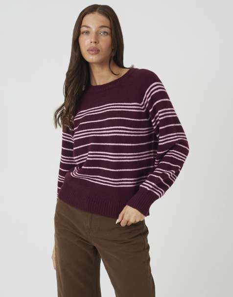 Brave Soul Raglan sleeve stripe jumper in burgundy - view 1