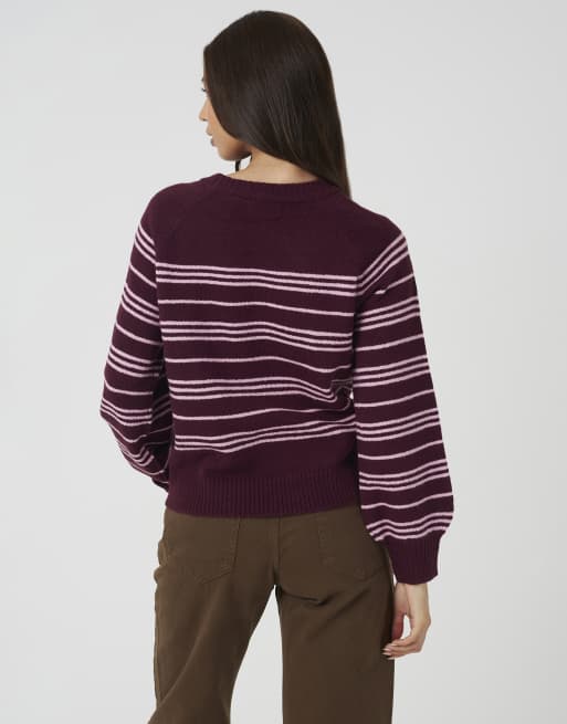 Brave Soul Raglan sleeve stripe jumper in burgundy, 2 of 4