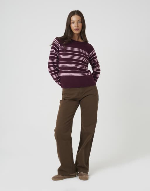 Brave Soul Raglan sleeve stripe jumper in burgundy, 3 of 4