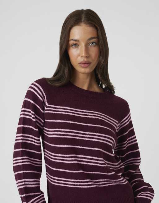 Brave Soul Raglan sleeve stripe jumper in burgundy, 4 of 4