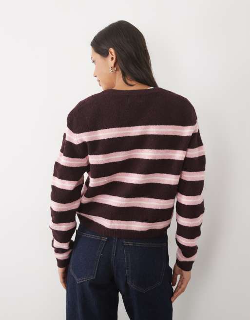 Brave Soul randig kofta med rund halsringning i burgundy, rosa och ivory, 3 av 9