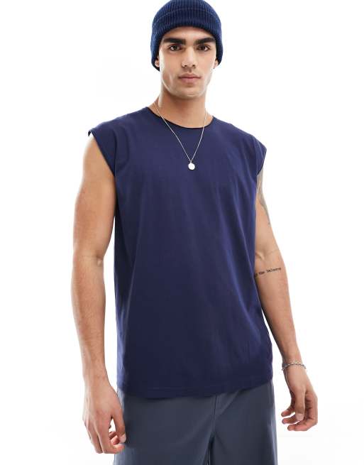 Brave Soul raw edge singlet in navy