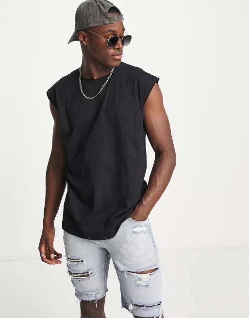 Brave Soul raw edge sleeveless T-shirt in black