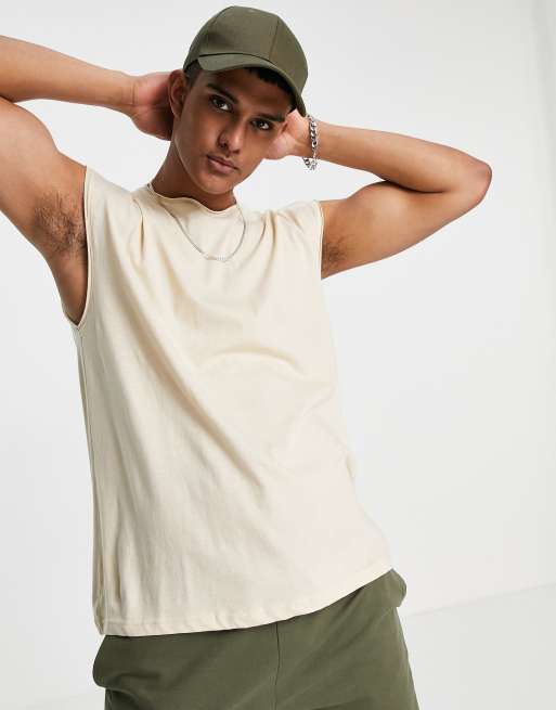 Brave Soul raw edge sleeveless t-shirt singlet in sand