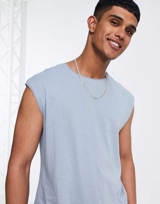 Brave Soul raw edge sleeveless t-shirt tank in dusty blue