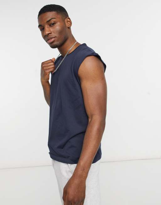 Brave Soul raw edge sleeveless t-shirt tank in navy, 3 of 4