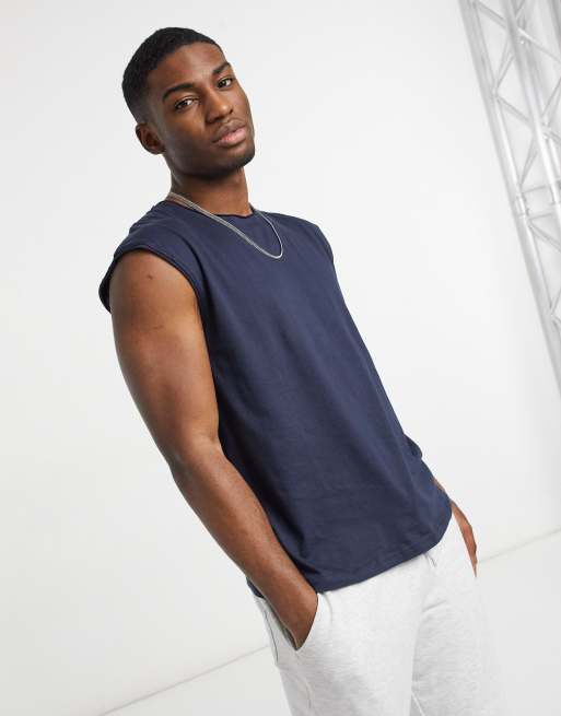 Brave Soul raw edge sleeveless t-shirt vest in navy