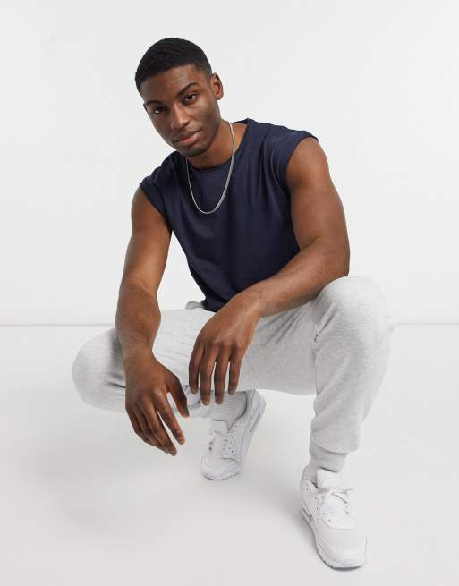 Brave Soul raw edge sleeveless t-shirt vest in navy, 4 of 4