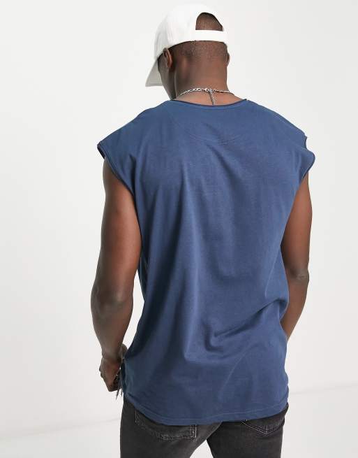 Brave Soul raw edge sleeveless t-shirt vest in ocean navy, 2 of 4