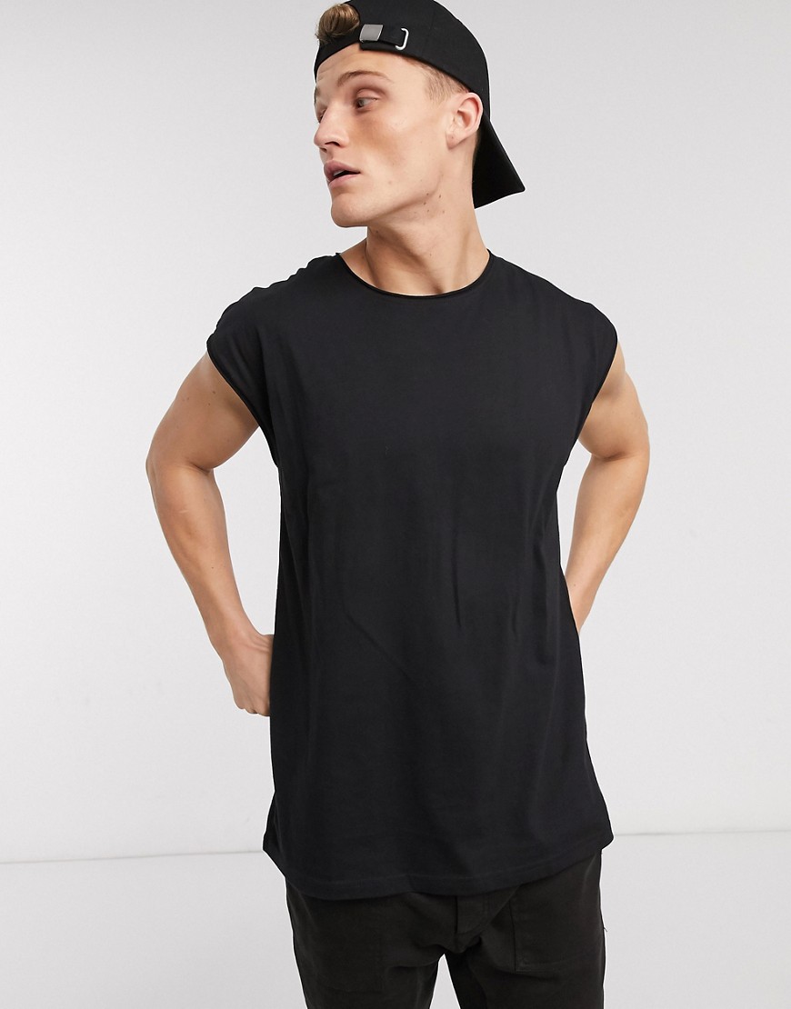 Brave Soul raw edge sleeveless t-shirt vest-Black