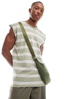 raw edge striped tank in washed sage & white-Green