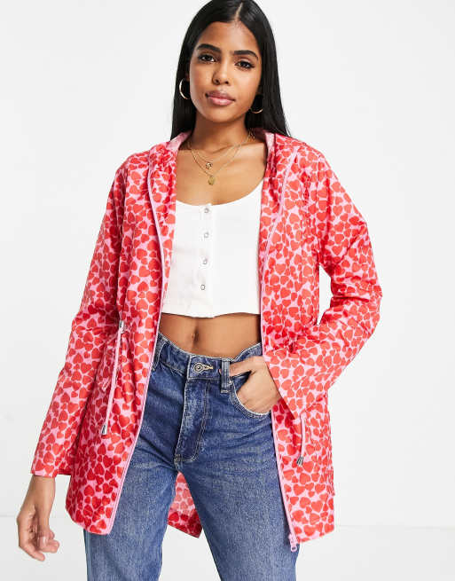 Brave Soul ray rain mac with heart print in pink