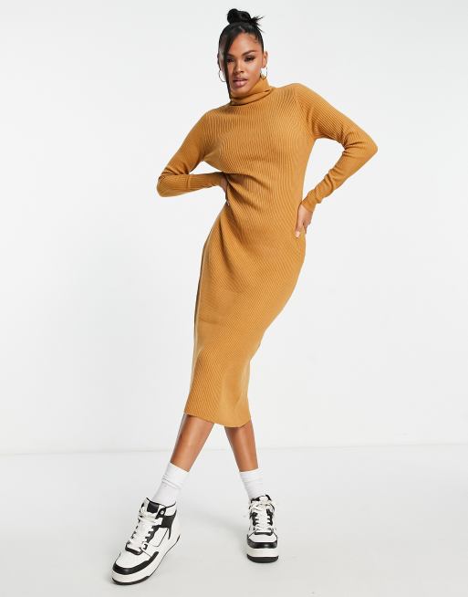 Brave Soul rebecca high neck knitted midi dress in camel