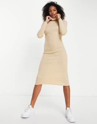 Brave Soul – Rebecca – Hochgeschlossenes Midi-Strickkleid in Beige | ASOS