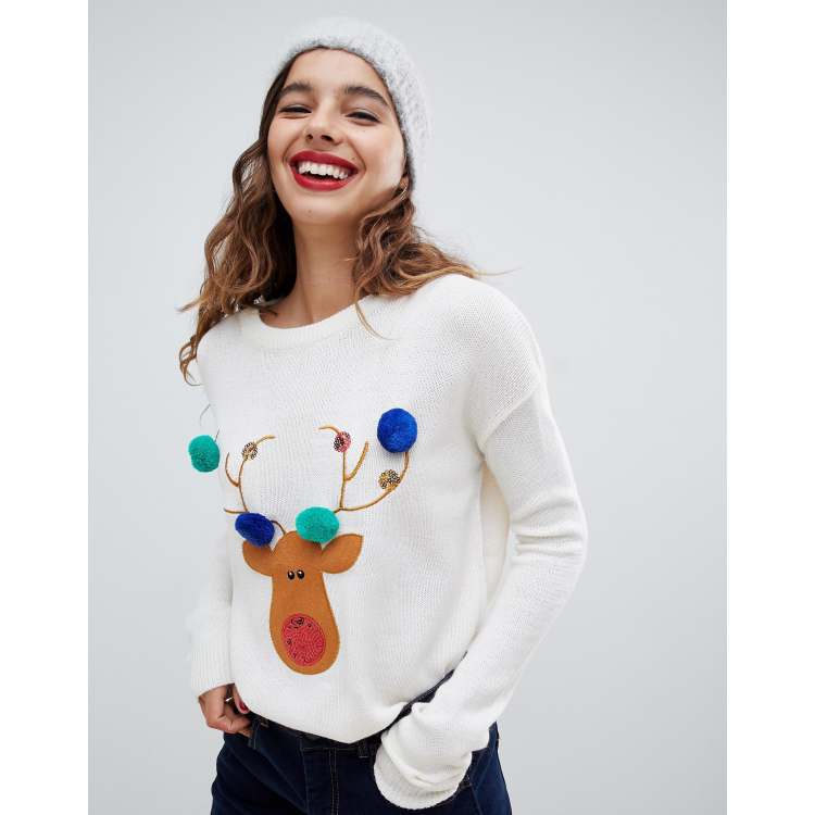 Brave Soul reindeer christmas jumper with pom poms