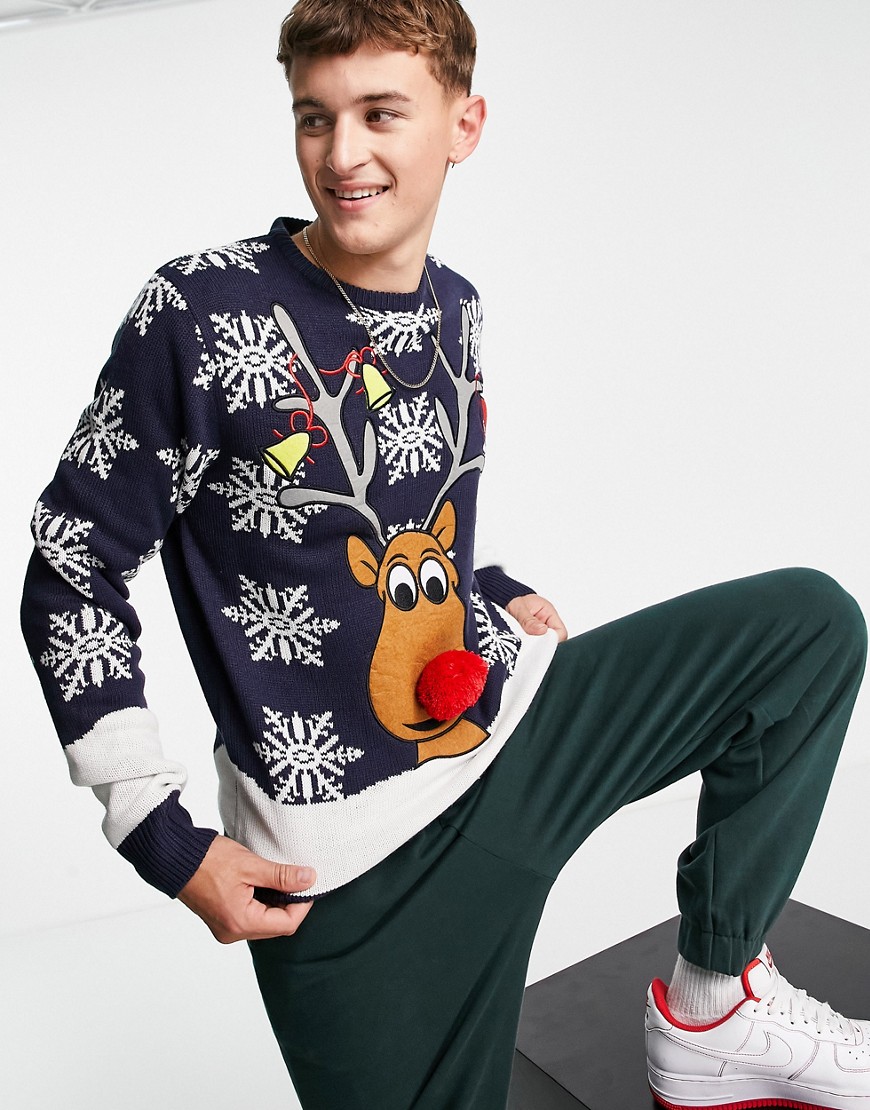Brave Soul reindeer christmas sweater in navy