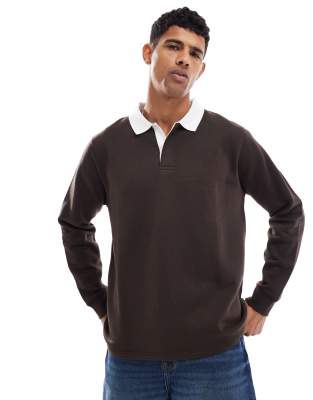 Brave Soul relaxed contrast collar polo sweatshirt in chocolate brown φωτογραφία