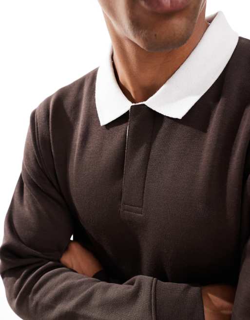 Brave Soul relaxed contrast collar polo sweatshirt in chocolate