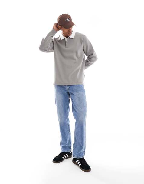 Brave Soul relaxed contrast collar polo sweatshirt in grey - view 1