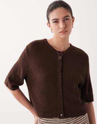 Brave Soul Relaxed Fit Fisherman Knit Short Sleeve Cardigan In Brown