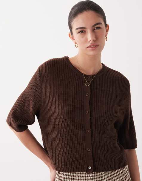 Brave Soul relaxed fit fisherman knit short sleeve cardigan in brown - view 1