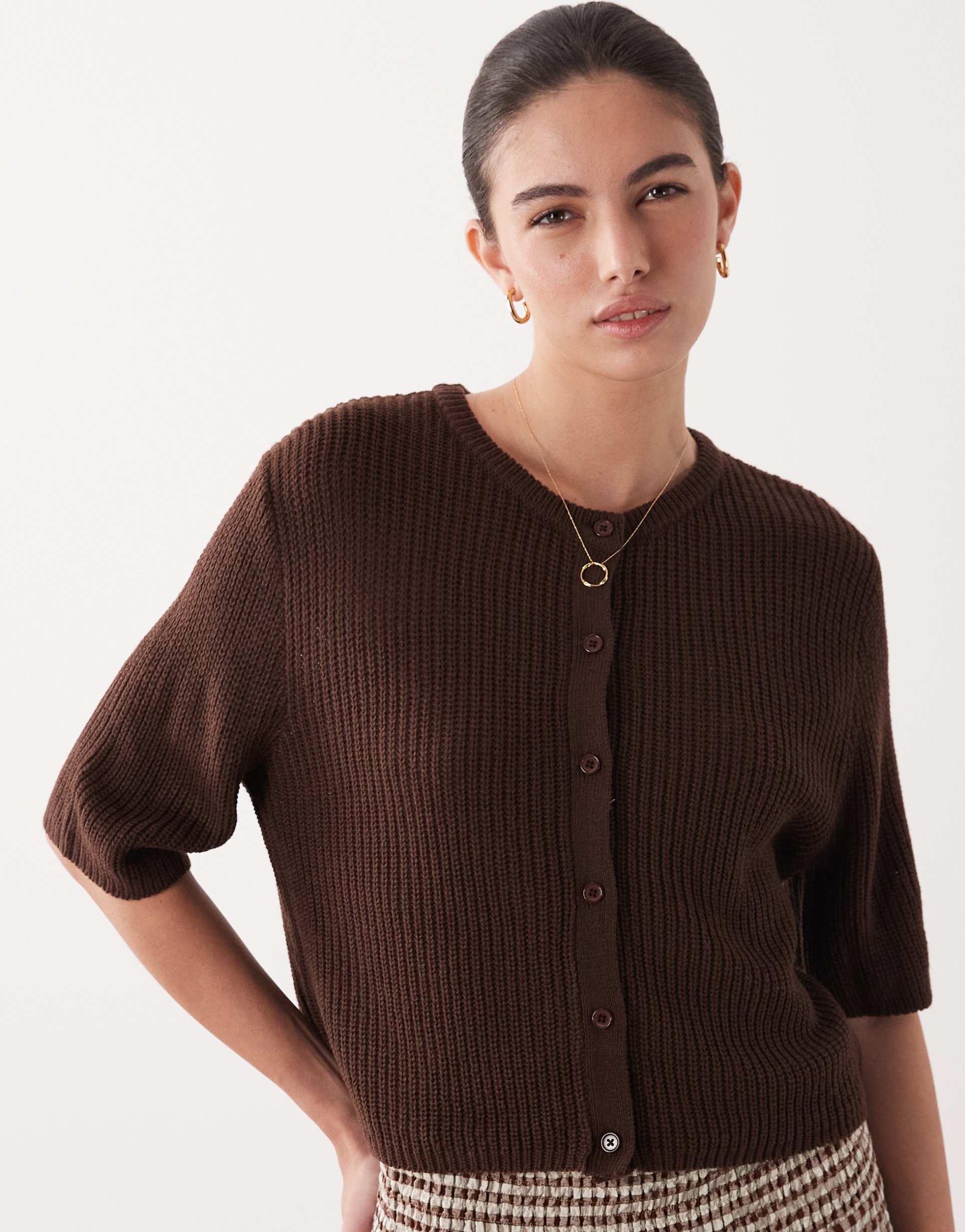 brave soul relaxed fit fisherman knit short sleeve cardigan in brown