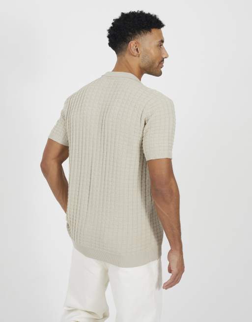 Brave Soul Revere collar knitted short sleeve shirt in light stone, 2 of 4
