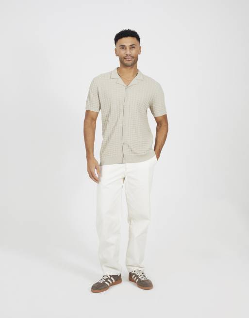 Brave Soul Revere collar knitted short sleeve shirt in light stone, 3 of 4