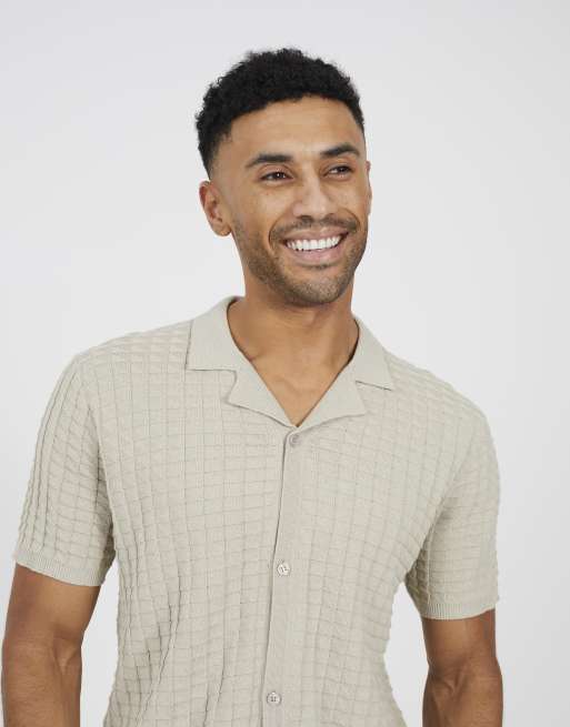 Brave Soul Revere collar knitted short sleeve shirt in light stone, 4 of 4