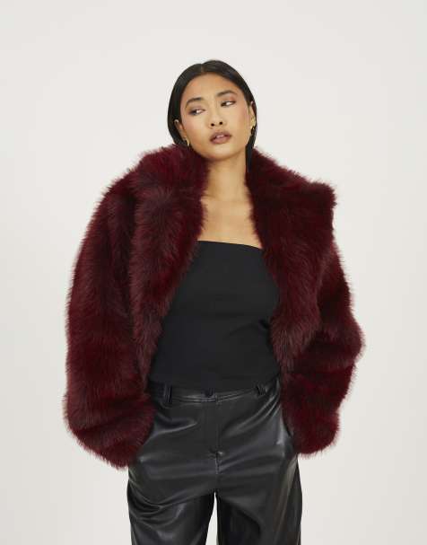 Brave Soul Revere collar short faux fur jacket in burgundy - view 1