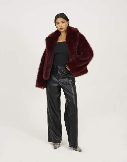 Brave Soul Revere collar short faux fur jacket in burgundy ASOS